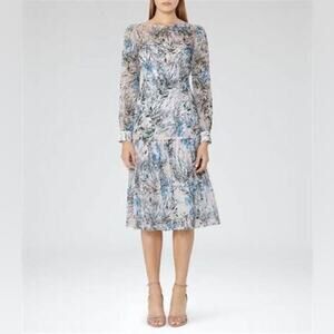 REISS Nyla Gray Blue Floral Long Sleeve Sheer Midi Dress Size 4